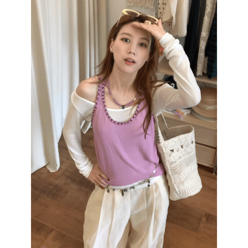 정가 한 부서 부드러운 바람 오프숄더 긴팔 티셔츠 캐미솔 여름 다용도 와이드 레그 팬츠 세트 이미지 3