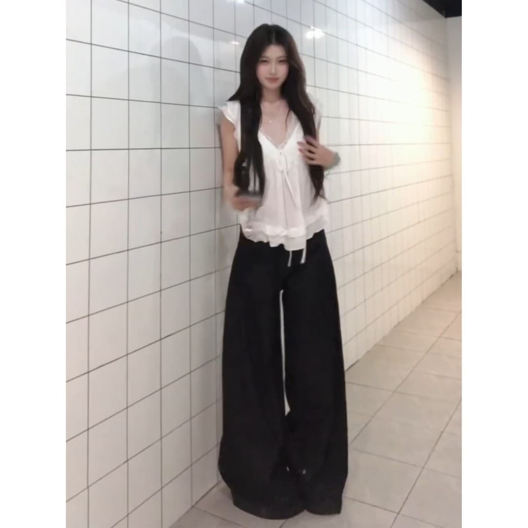 정가 한 부서 연령 감소 V넥 프릴 작은 셔츠 맨위 여성 여름 루즈핏 넓은 다리 캐주얼 바지 세트 이미지 2