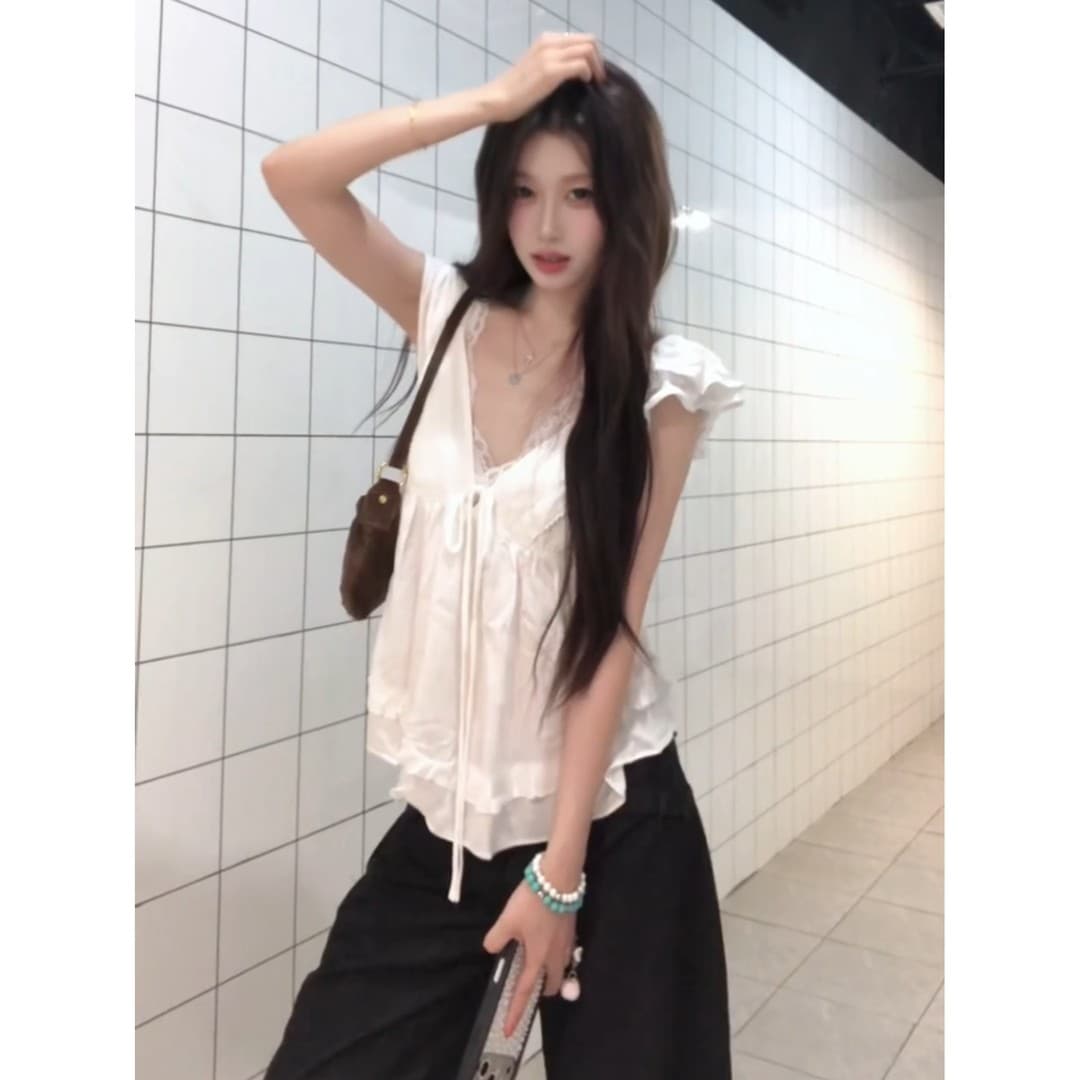 정가 한 부서 연령 감소 V넥 프릴 작은 셔츠 맨위 여성 여름 루즈핏 넓은 다리 캐주얼 바지 세트 이미지 5