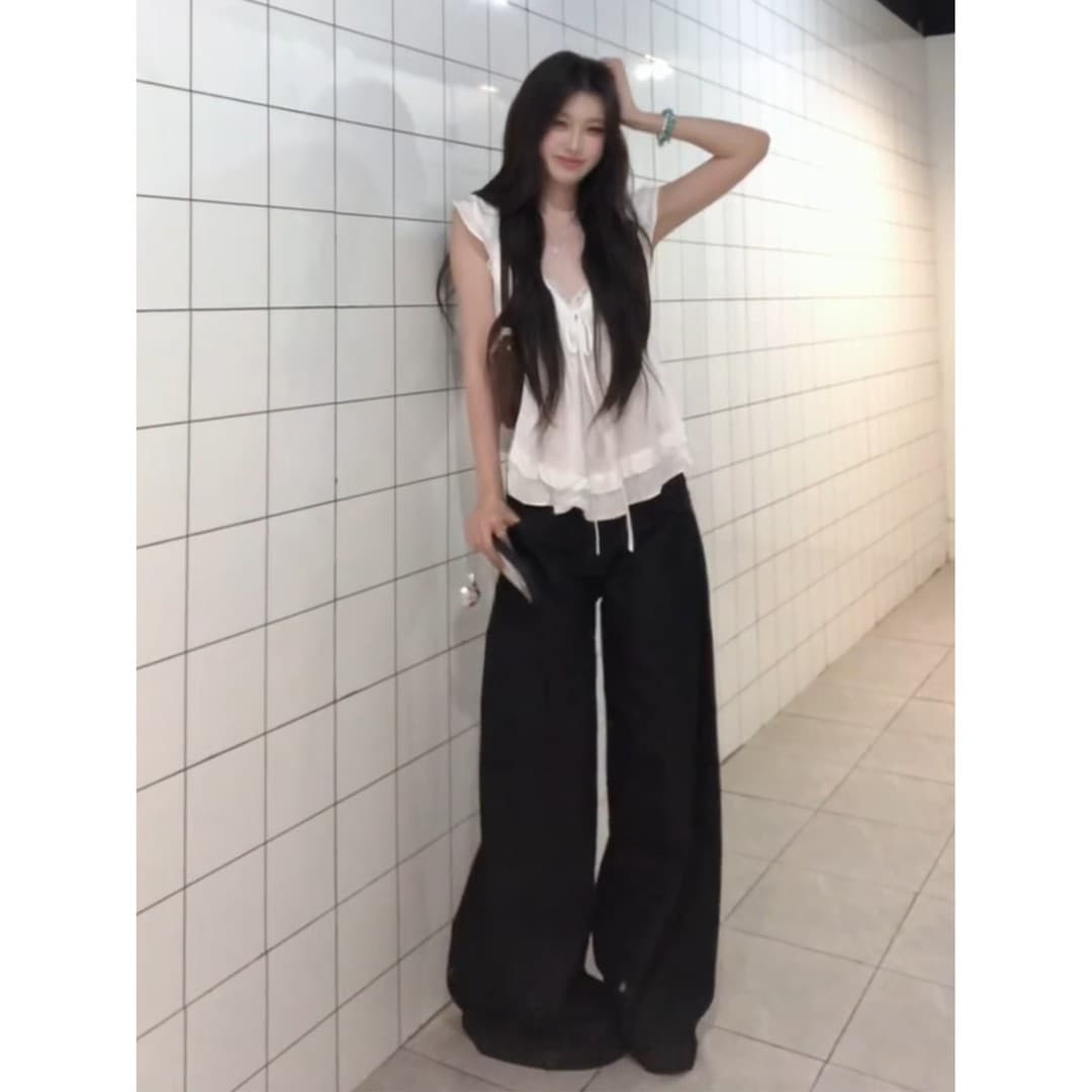 정가 한 부서 연령 감소 V넥 프릴 작은 셔츠 맨위 여성 여름 루즈핏 넓은 다리 캐주얼 바지 세트 이미지 6