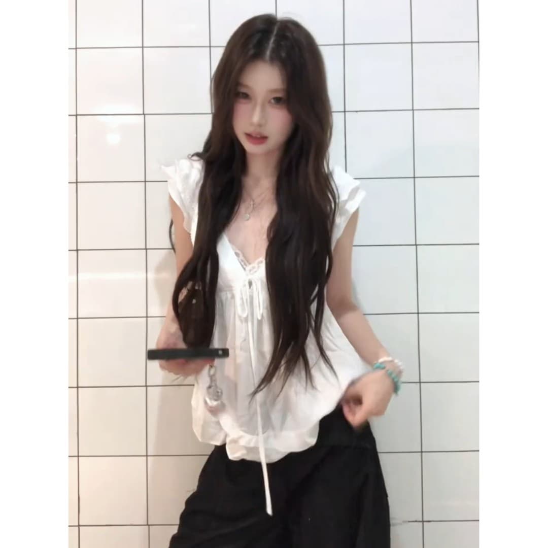 정가 한 부서 연령 감소 V넥 프릴 작은 셔츠 맨위 여성 여름 루즈핏 넓은 다리 캐주얼 바지 세트 상세 이미지 3