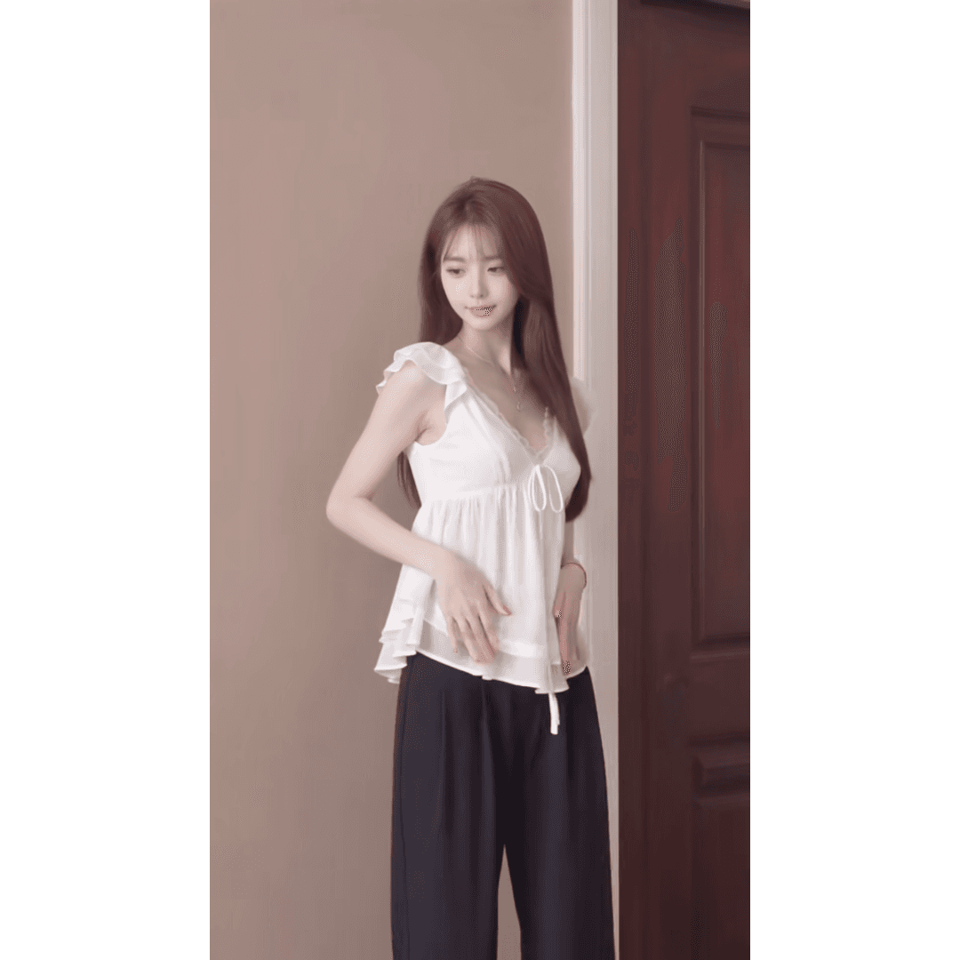정가 한 부서 연령 감소 V넥 프릴 작은 셔츠 맨위 여성 여름 루즈핏 넓은 다리 캐주얼 바지 세트 이미지 3