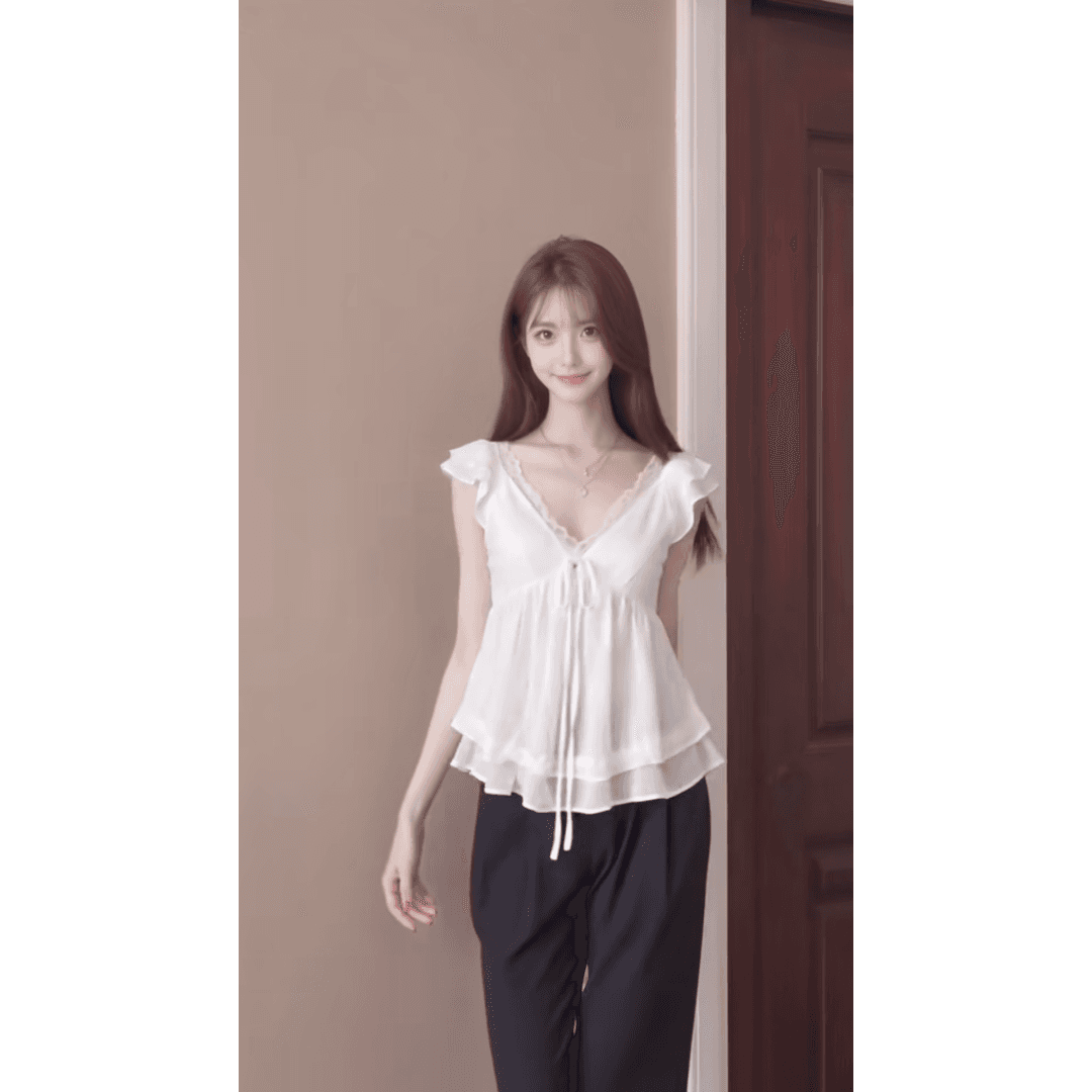 정가 한 부서 연령 감소 V넥 프릴 작은 셔츠 맨위 여성 여름 루즈핏 넓은 다리 캐주얼 바지 세트