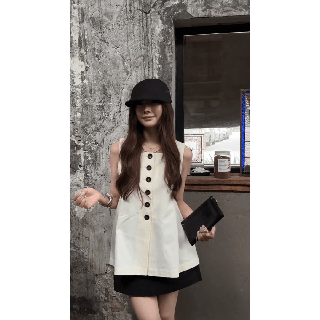 정가 한 부서 부드러운 바람 민소매 조끼 맨위 여성 여름 새로운 검정색 반신 치마바지 세트 이미지 2