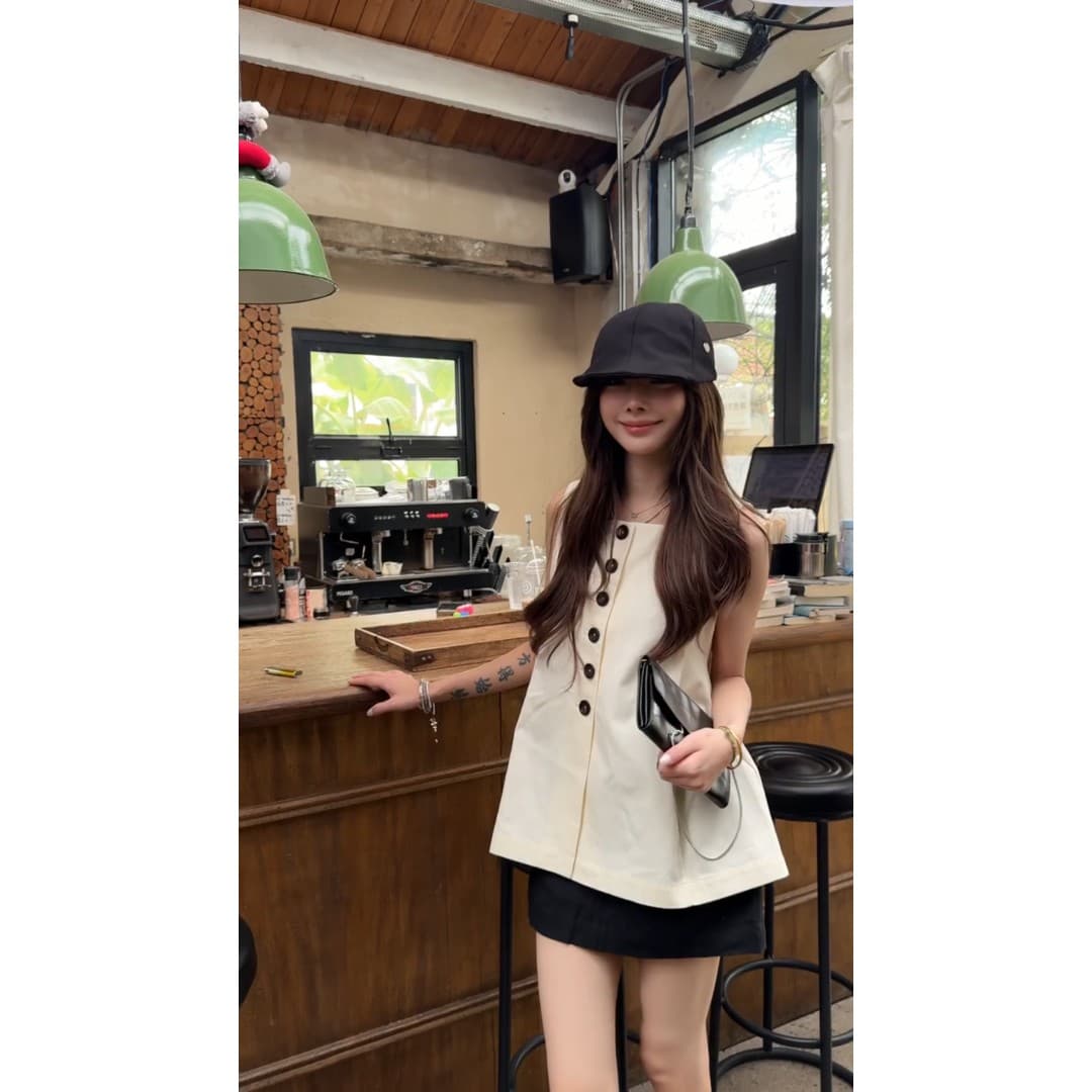 정가 한 부서 부드러운 바람 민소매 조끼 맨위 여성 여름 새로운 검정색 반신 치마바지 세트 상세 이미지 4
