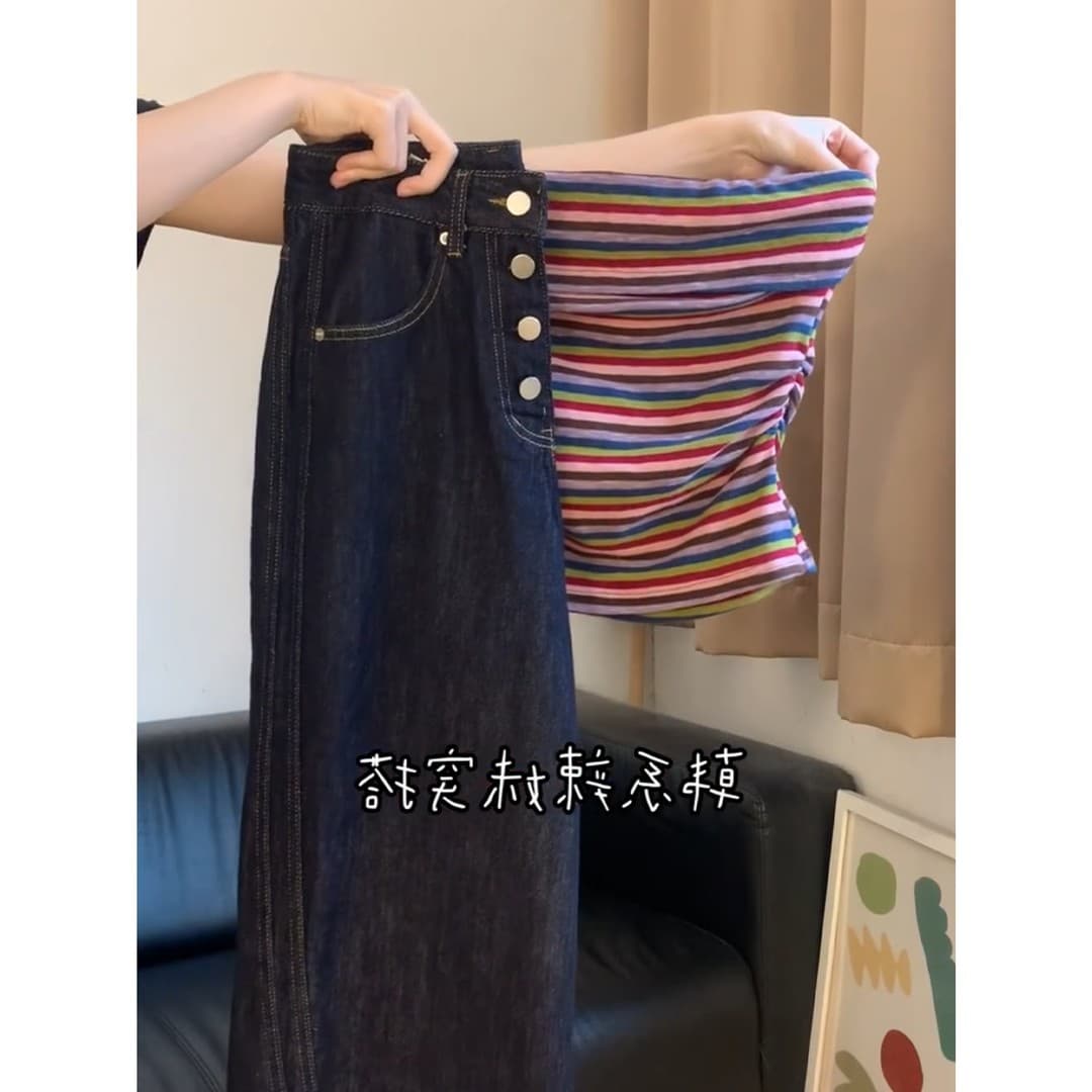 정가 순수한 욕망 출퇴근 바람 색상 스트라이프 튜브탑 조끼 여름 디자인 센스 넓은 다리 청바지 세트 이미지 2