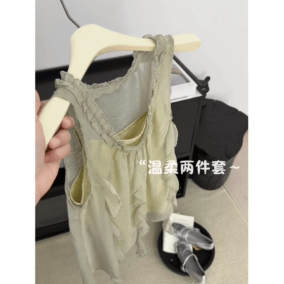 정가 여름 새로운 밝은 녹색 프릴 V넥 Tulle 연꽃 잎 민소매 블라우스 인사이드 가져 가라. 캐미솔 투피스 세트 상세 이미지 2