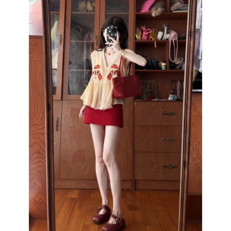 정가 한 부서 부드러운 바람 자수 V넥 민소매 조끼 여성 여름 다용도 한 마디 반신 스커트 투피스 세트 상세 이미지 5