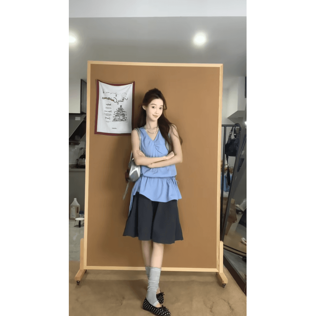 정가 한 부서 연령 감소 V넥 핀치 Pleat 펌프 로프 조끼 맨위 여성 품격 하이웨이스트 슬림해 보이는 반신 치마 세트 이미지 4