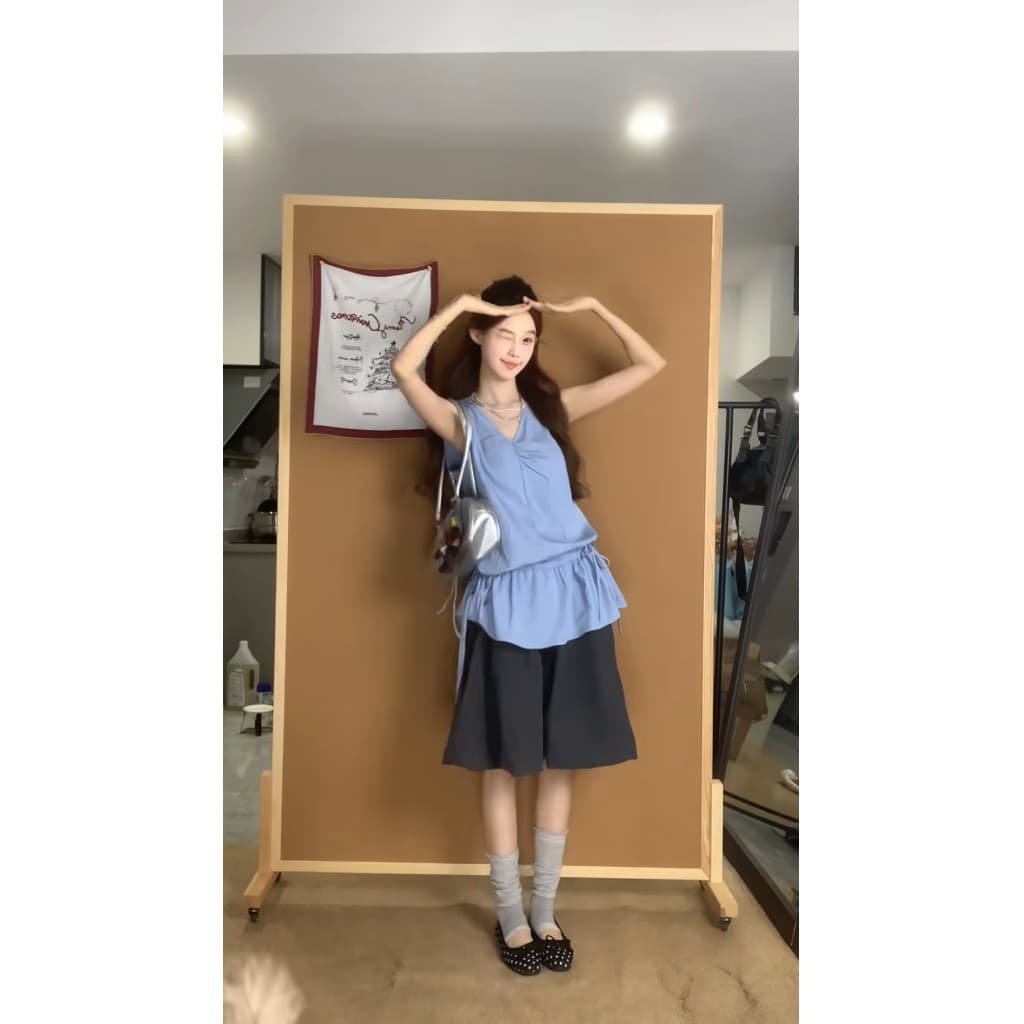 정가 한 부서 연령 감소 V넥 핀치 Pleat 펌프 로프 조끼 맨위 여성 품격 하이웨이스트 슬림해 보이는 반신 치마 세트 상세 이미지 4