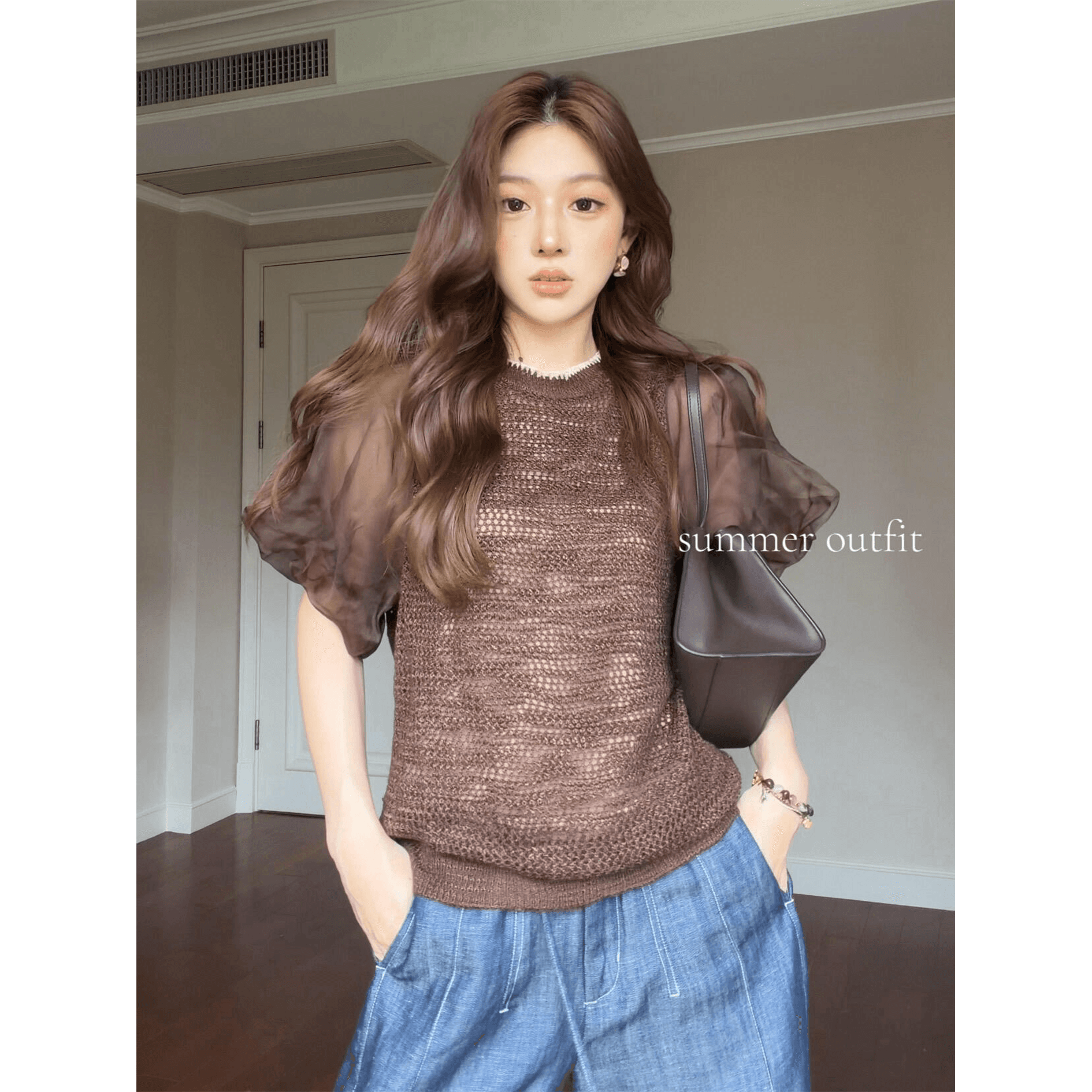 정가 한 부서 디자인 센스 망사 홀로우 아웃 거품 소매 니트 티셔츠 여성 하이웨이스트 캐주얼 바지 투피스 세트 이미지 6