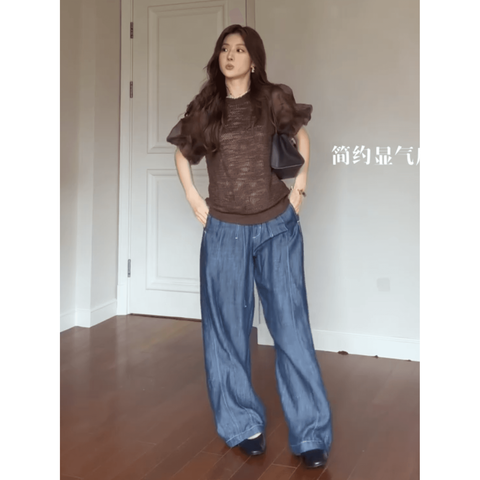 정가 한 부서 디자인 센스 망사 홀로우 아웃 거품 소매 니트 티셔츠 여성 하이웨이스트 캐주얼 바지 투피스 세트 상세 이미지 3