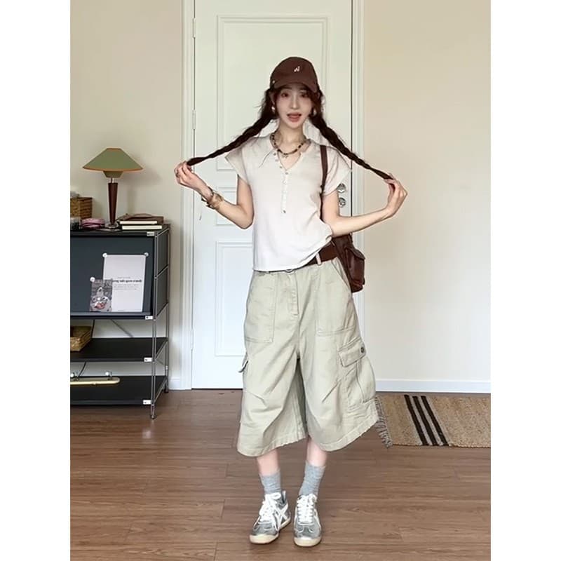 정가 프랑스식 레트로 V넥 니트 반팔 티셔츠 맨위 여성 루즈핏 슬림해 보이는 넓은 다리 7부 바지 세트 이미지 3