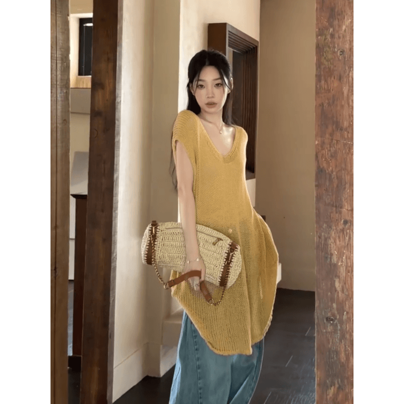 정가 프랑스식 V넥 홀로우 아웃 니트 반팔 롱 코트 맨위 하이웨이스트 슬림해 보이는 넓은 다리 청바지 세트 이미지 3