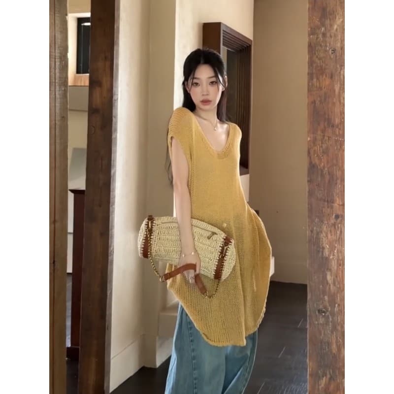 정가 프랑스식 V넥 홀로우 아웃 니트 반팔 롱 코트 맨위 하이웨이스트 슬림해 보이는 넓은 다리 청바지 세트 상세 이미지 4