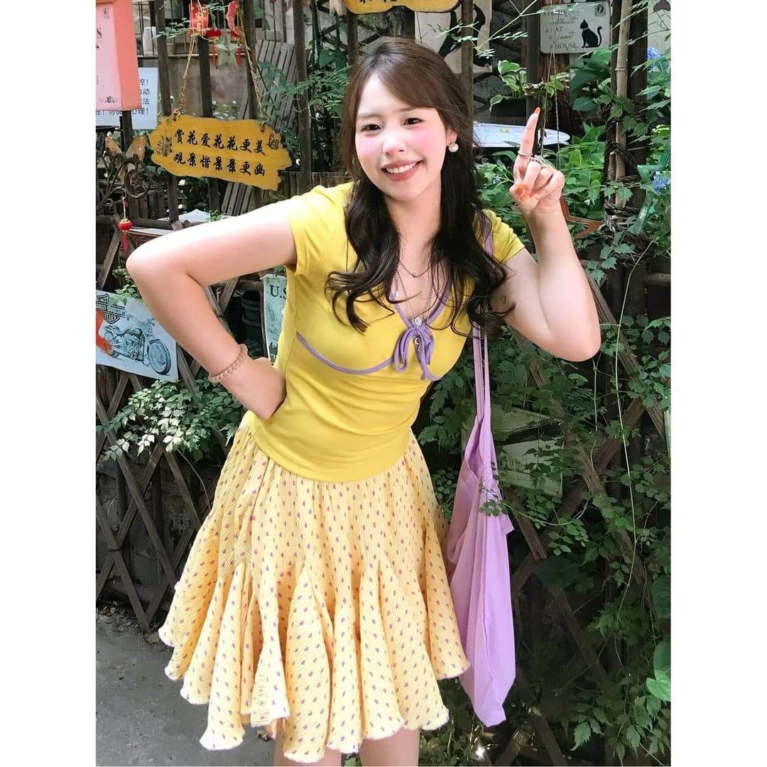 정가 소녀 센스 연령 감소 V넥 반팔 티셔츠 맨위 여성 여름 작은 키 한 마디 반신 치마 세트 상세 이미지 5
