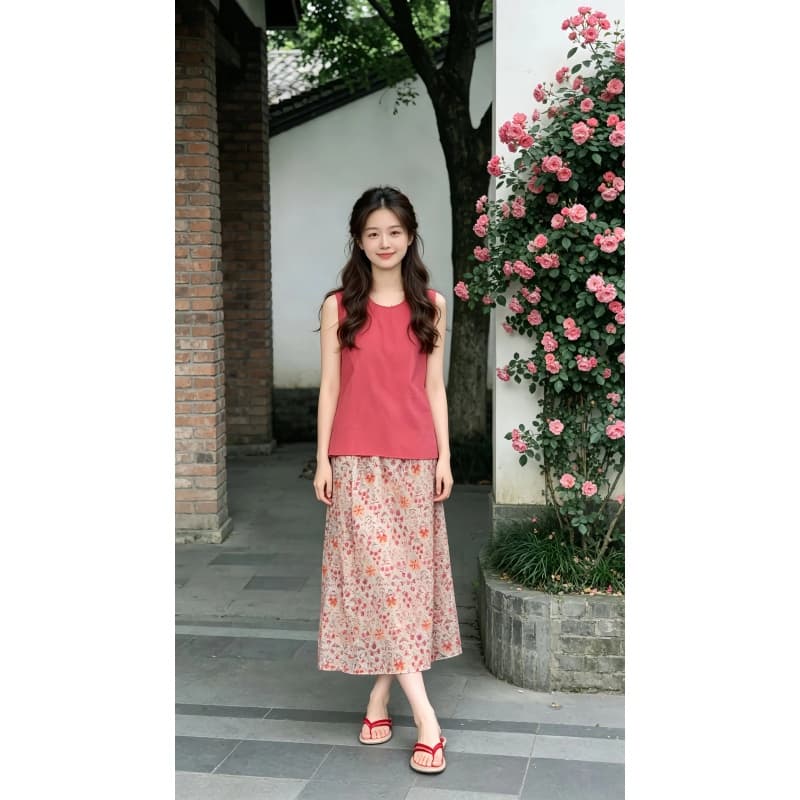 정가 달콤함 부드러운 바람 민소매 조끼 맨위 여성 여름 디자인 센스 꽃무늬 반신 치마 세트