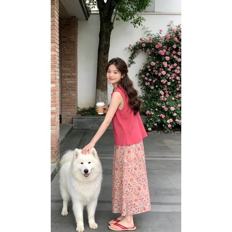 정가 달콤함 부드러운 바람 민소매 조끼 맨위 여성 여름 디자인 센스 꽃무늬 반신 치마 세트 이미지 3