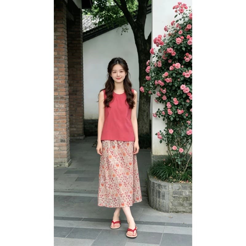 정가 달콤함 부드러운 바람 민소매 조끼 맨위 여성 여름 디자인 센스 꽃무늬 반신 치마 세트 상세 이미지 2