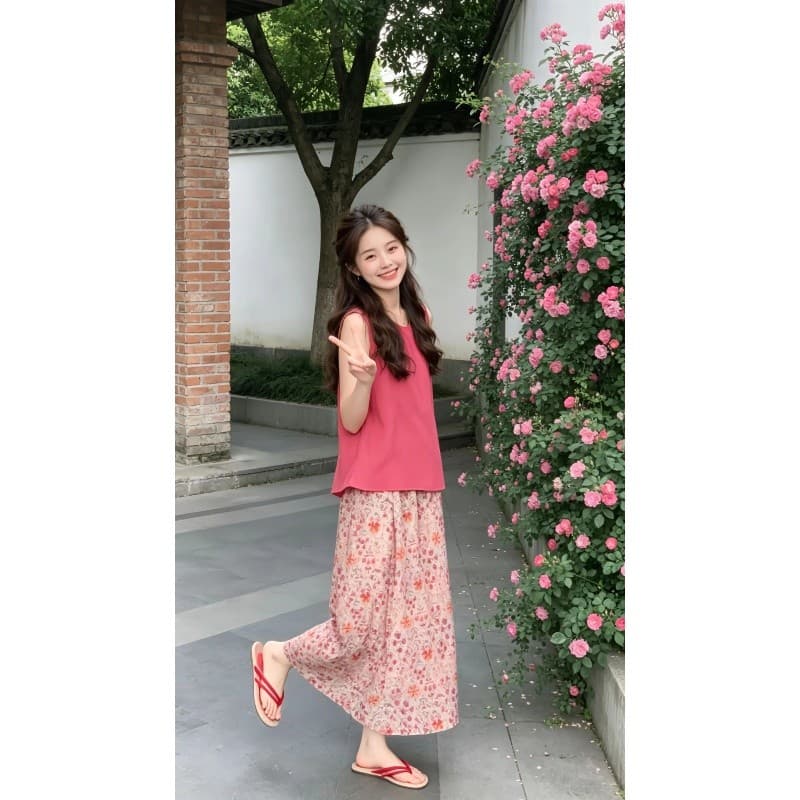 정가 달콤함 부드러운 바람 민소매 조끼 맨위 여성 여름 디자인 센스 꽃무늬 반신 치마 세트 상세 이미지 4