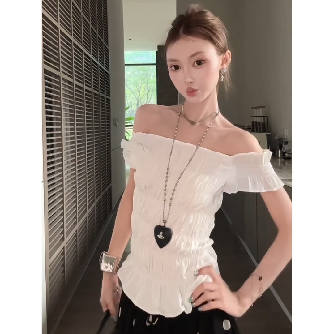 정가 한 부서 품격 오프숄더 주름 셔츠 맨위 여성 루즈핏 슬림해 보이는 도트 무늬 와이드 레그 팬츠 세트 이미지 4