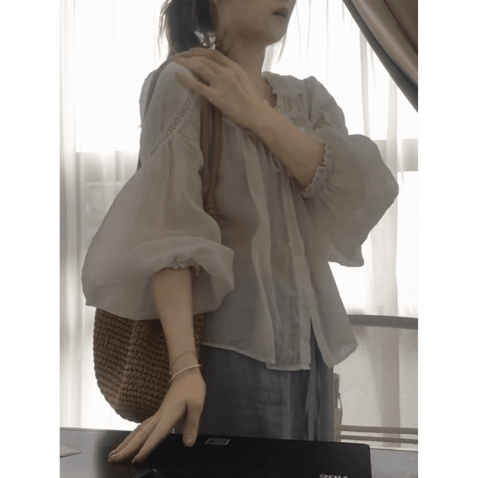 정가 한 부서 레트로 스타일 벌룬 소매 스트랩 인형 셔츠 여름 다용도 슬림해 보이는 반신 치마 세트 이미지 3