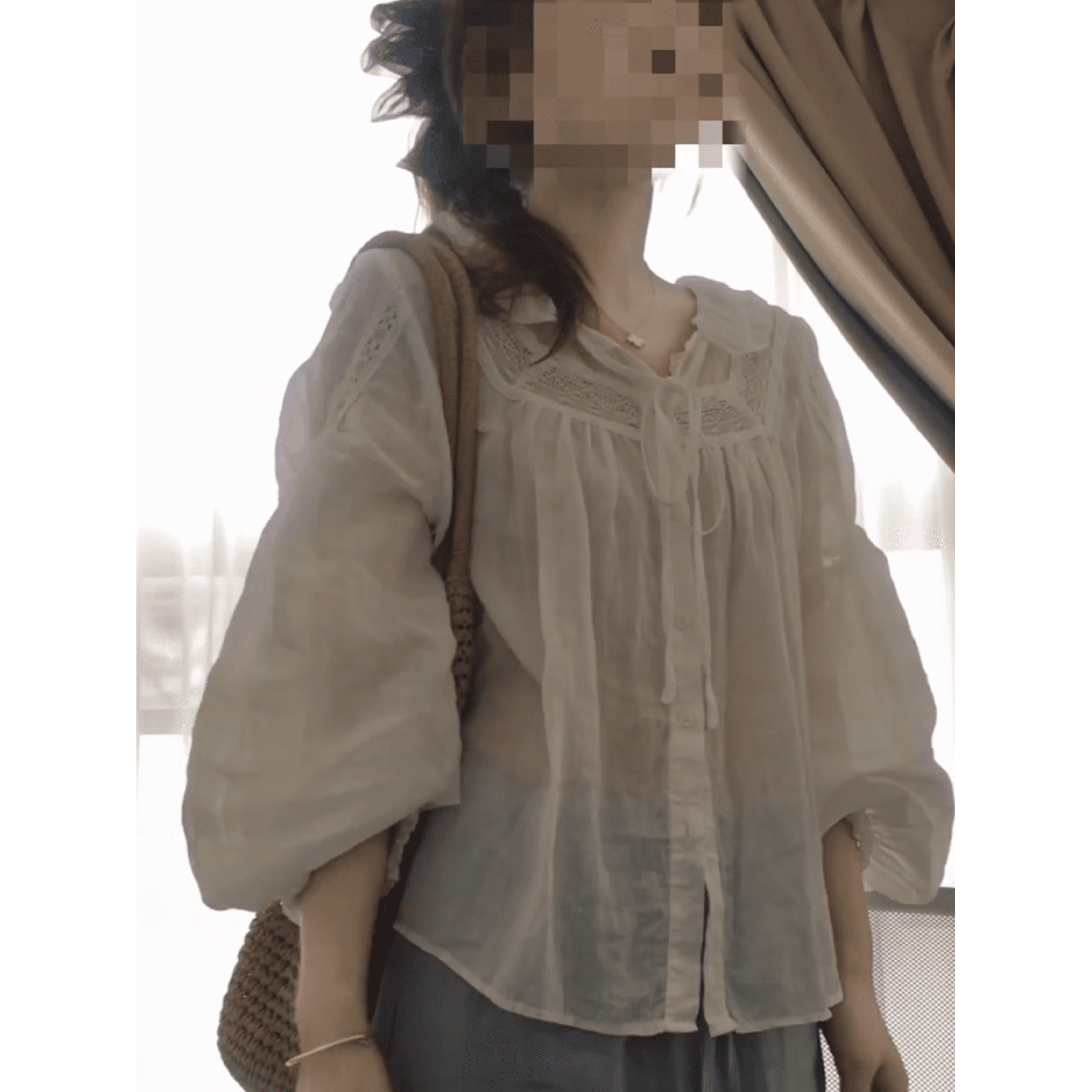 정가 한 부서 레트로 스타일 벌룬 소매 스트랩 인형 셔츠 여름 다용도 슬림해 보이는 반신 치마 세트 이미지 4
