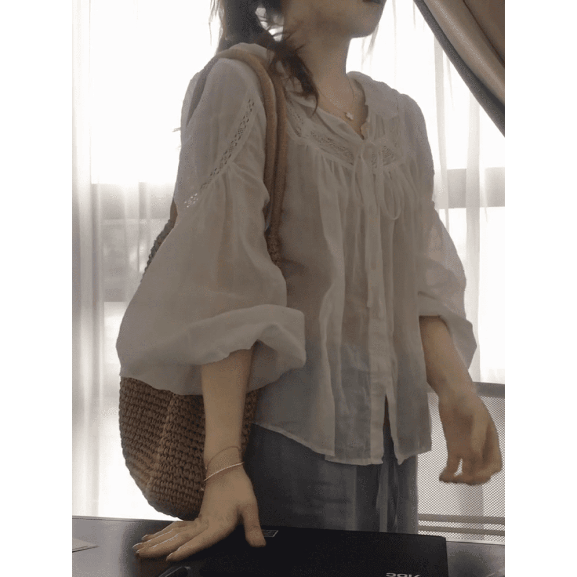정가 한 부서 레트로 스타일 벌룬 소매 스트랩 인형 셔츠 여름 다용도 슬림해 보이는 반신 치마 세트 상세 이미지 3