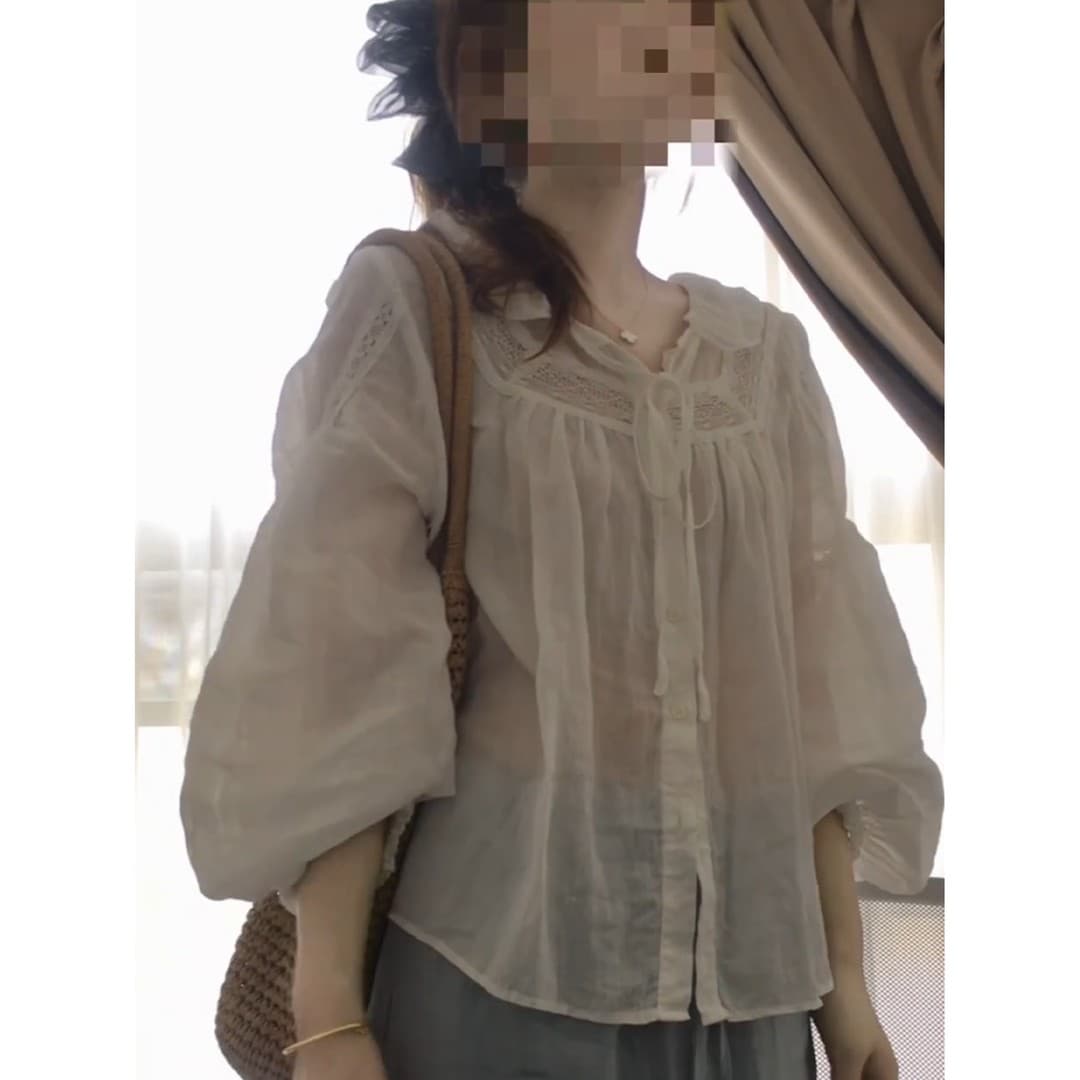 정가 한 부서 레트로 스타일 벌룬 소매 스트랩 인형 셔츠 여름 다용도 슬림해 보이는 반신 치마 세트 상세 이미지 4