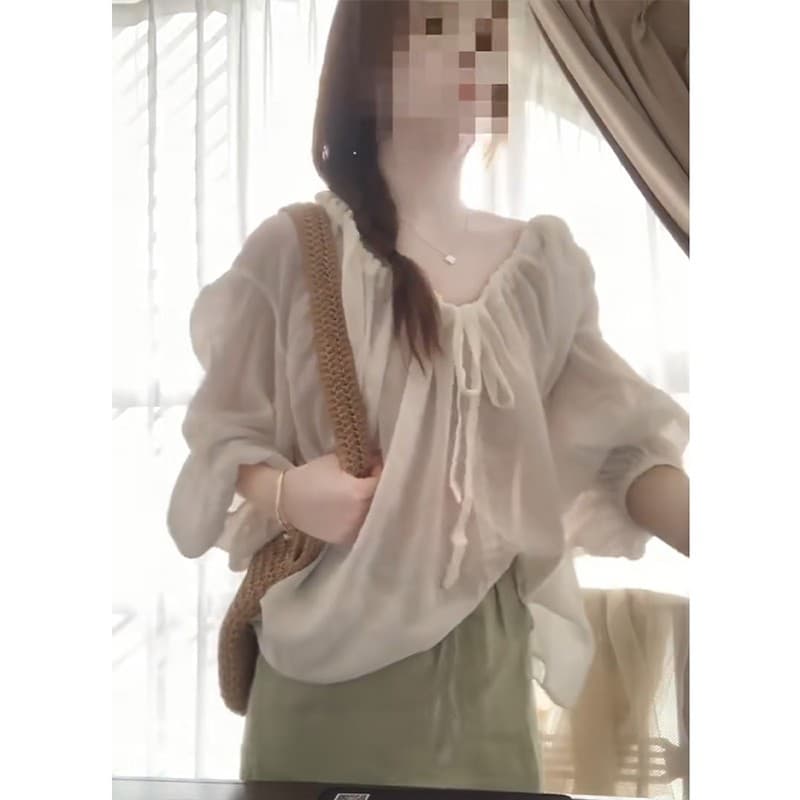 정가 프랑스식 부드러운 바람 레이스업 긴팔 셔츠 맨위 여성 품격 하이웨이스트 슬림해 보이는 반신 치마 세트 상세 이미지 4