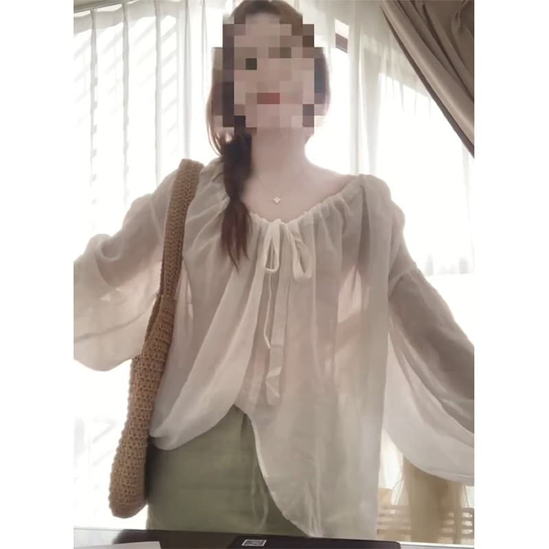 정가 프랑스식 부드러운 바람 레이스업 긴팔 셔츠 맨위 여성 품격 하이웨이스트 슬림해 보이는 반신 치마 세트 상세 이미지 5
