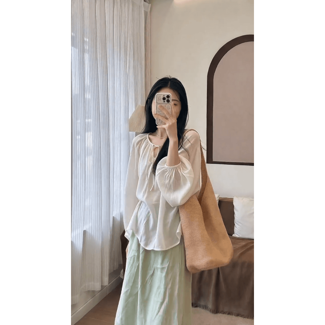 정가 프랑스식 부드러운 바람 레이스업 긴팔 셔츠 맨위 여성 품격 하이웨이스트 슬림해 보이는 반신 치마 세트 이미지 4