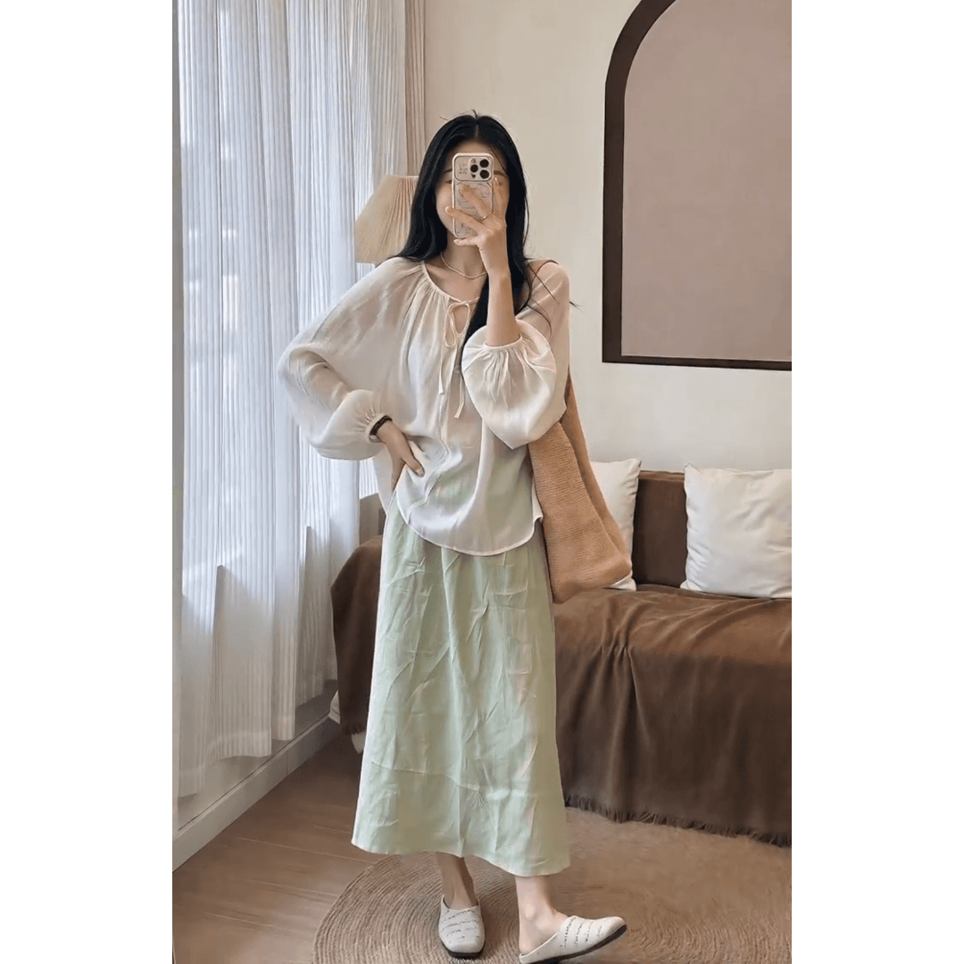 정가 프랑스식 부드러운 바람 레이스업 긴팔 셔츠 맨위 여성 품격 하이웨이스트 슬림해 보이는 반신 치마 세트 상세 이미지 2