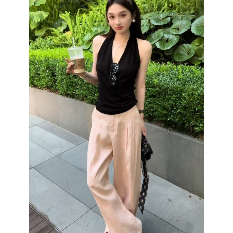 정가 빛 요리 한 출퇴근 바람 니트 행침 목 V넥 조끼 여성 여름 하이웨이스트 와이드 레그 팬츠 품격 세트 상세 이미지 4
