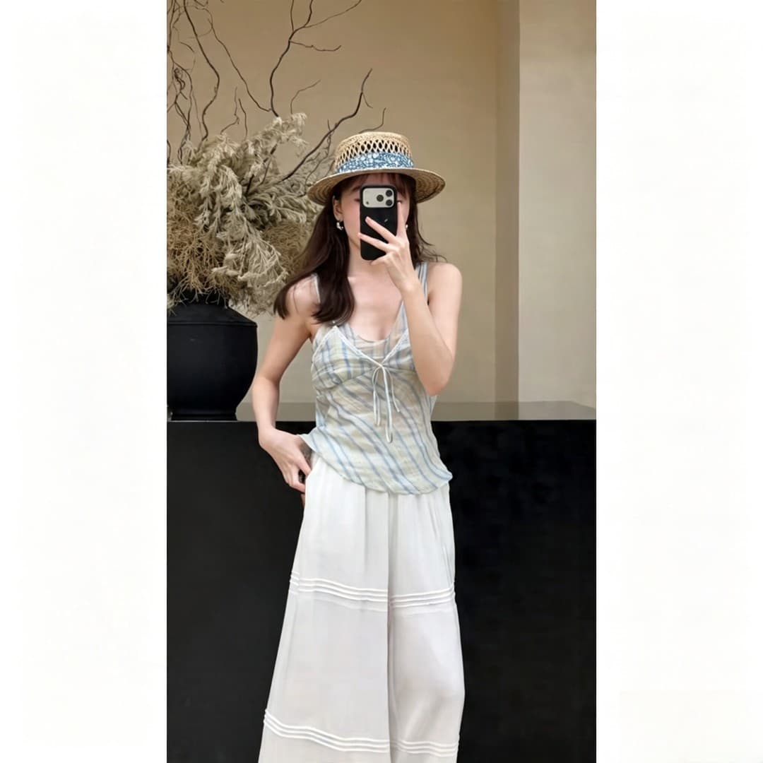 정가 한 부서 부드러운 바람 스트라이프 행침 목 조끼 맨위 여성 루즈핏 슬림해 보이는 넓은 다리 캐주얼 바지 세트 상세 이미지 5