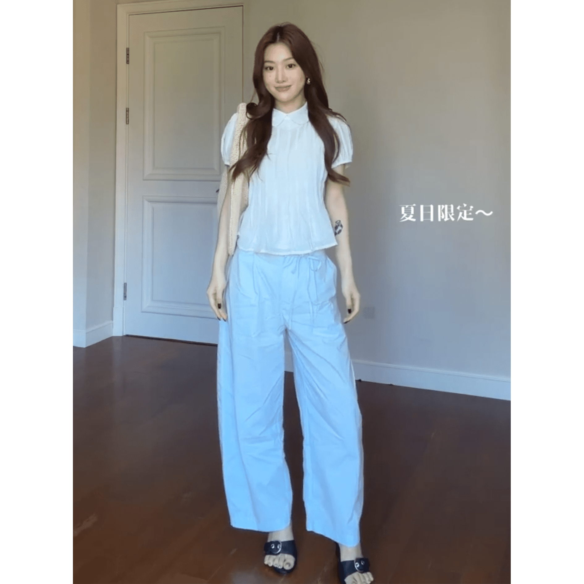 정가 프랑스식 디자인 센스 베이비 칼라 반팔 셔츠 맨위 여성 여름 하이웨이스트 슬림해 보이는 캐주얼 바지 세트 상세 이미지 4