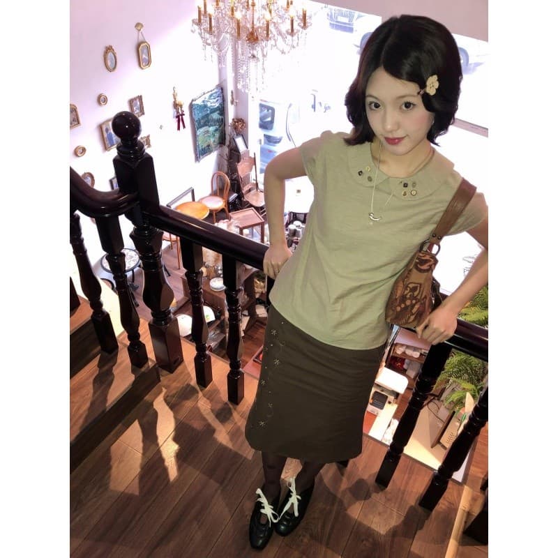 정가 프랑스식 오래된 돈 바람 베이비 칼라 반팔 셔츠 레트로 디자인 센스 인어 꼬리 반신 스커트 여성복 이미지 4