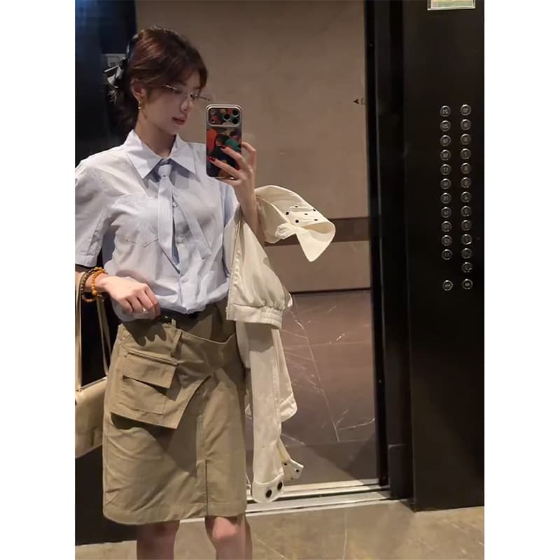 정가 한 부서 출퇴근 바람 루즈핏 폴로 칼라 반팔 여성 셔츠 여름 품격 슬림해 보이는 반신 치마 세트 이미지 3