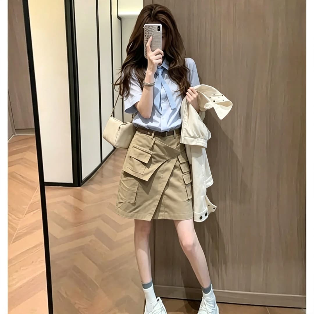 정가 한 부서 출퇴근 바람 루즈핏 폴로 칼라 반팔 여성 셔츠 여름 품격 슬림해 보이는 반신 치마 세트 이미지 3