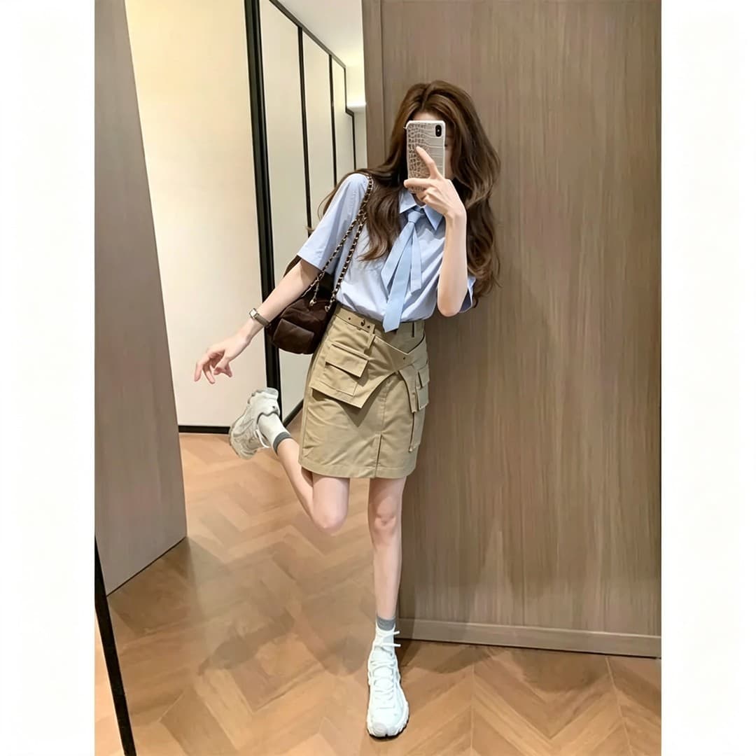 정가 한 부서 출퇴근 바람 루즈핏 폴로 칼라 반팔 여성 셔츠 여름 품격 슬림해 보이는 반신 치마 세트 상세 이미지 5