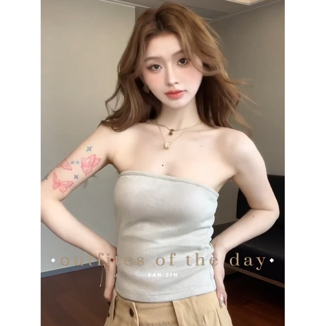 정가 프랑스식 배트윙 소매 망사 비스듬한 어깨 튜브탑 조끼 맨위 루즈핏 와이드 레그 팬츠 순수한 욕망 바람 투피스 세트 상세 이미지 4
