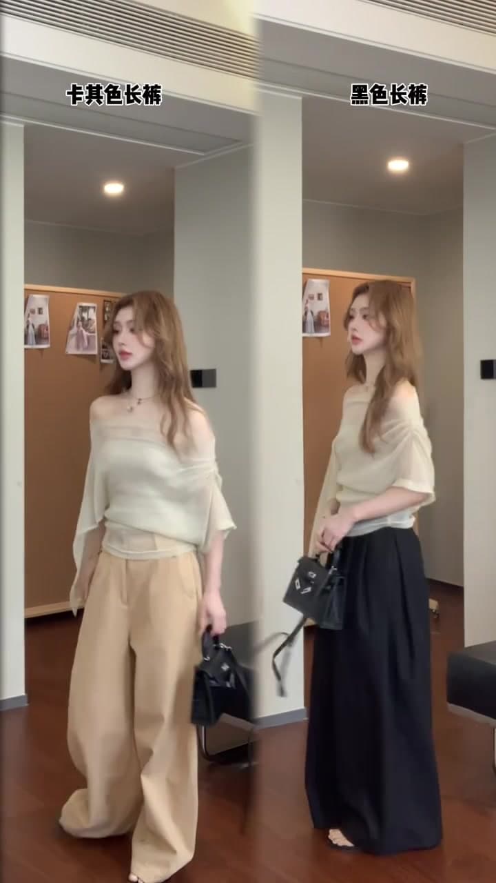 정가 프랑스식 배트윙 소매 망사 비스듬한 어깨 튜브탑 조끼 맨위 루즈핏 와이드 레그 팬츠 순수한 욕망 바람 투피스 세트 이미지 4