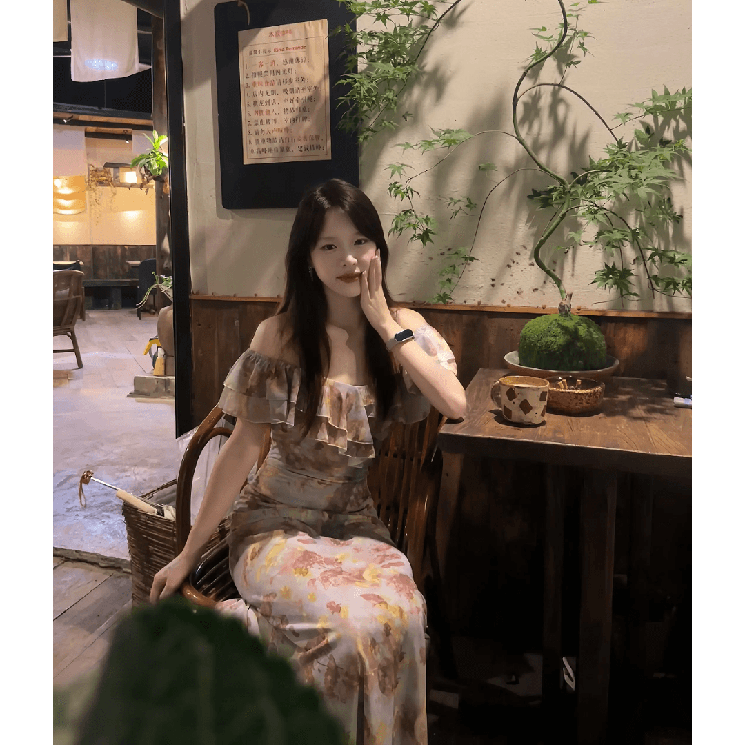 정가 한 부서 휴가 바람 프린트 슬립 여성 드레스 여름 디자인 센스 허리 수축 슬림해 보이는 길다 치마 이미지 4