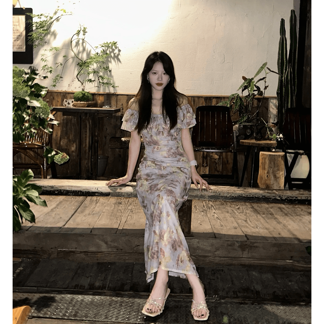 정가 한 부서 휴가 바람 프린트 슬립 여성 드레스 여름 디자인 센스 허리 수축 슬림해 보이는 길다 치마
