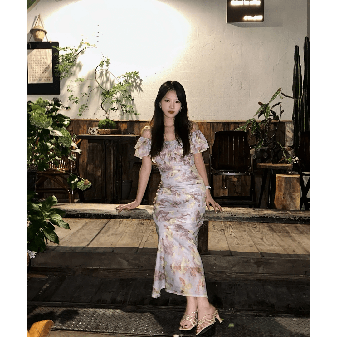 정가 한 부서 휴가 바람 프린트 슬립 여성 드레스 여름 디자인 센스 허리 수축 슬림해 보이는 길다 치마 이미지 3