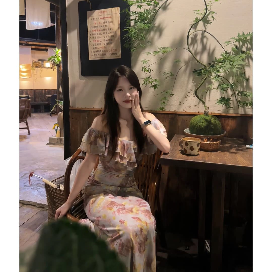 정가 한 부서 휴가 바람 프린트 슬립 여성 드레스 여름 디자인 센스 허리 수축 슬림해 보이는 길다 치마 이미지 2