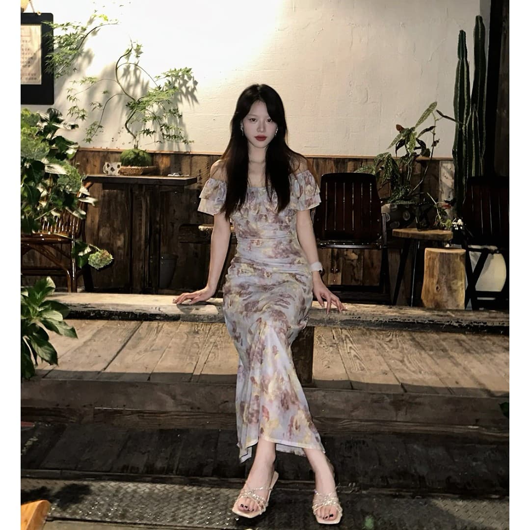 정가 한 부서 휴가 바람 프린트 슬립 여성 드레스 여름 디자인 센스 허리 수축 슬림해 보이는 길다 치마 상세 이미지 3