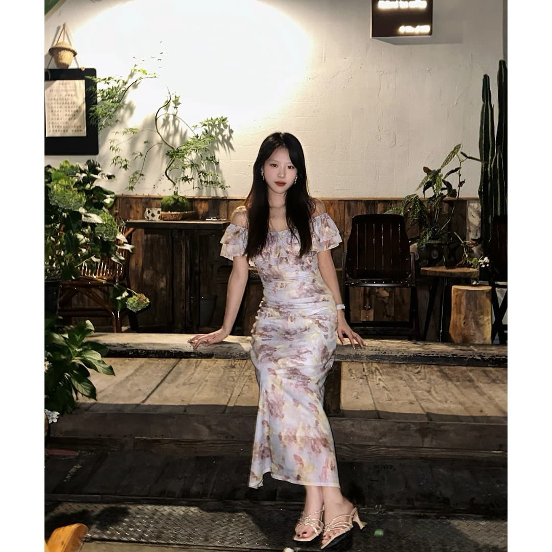정가 한 부서 휴가 바람 프린트 슬립 여성 드레스 여름 디자인 센스 허리 수축 슬림해 보이는 길다 치마 상세 이미지 4