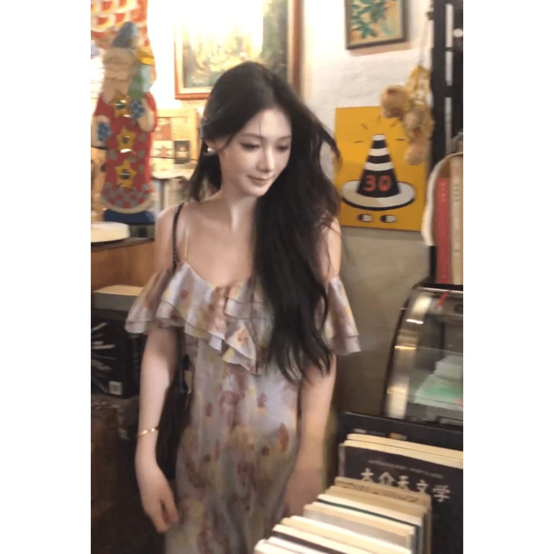 정가 한 부서 휴가 바람 프린트 슬립 여성 드레스 여름 디자인 센스 허리 수축 슬림해 보이는 길다 치마 이미지 5