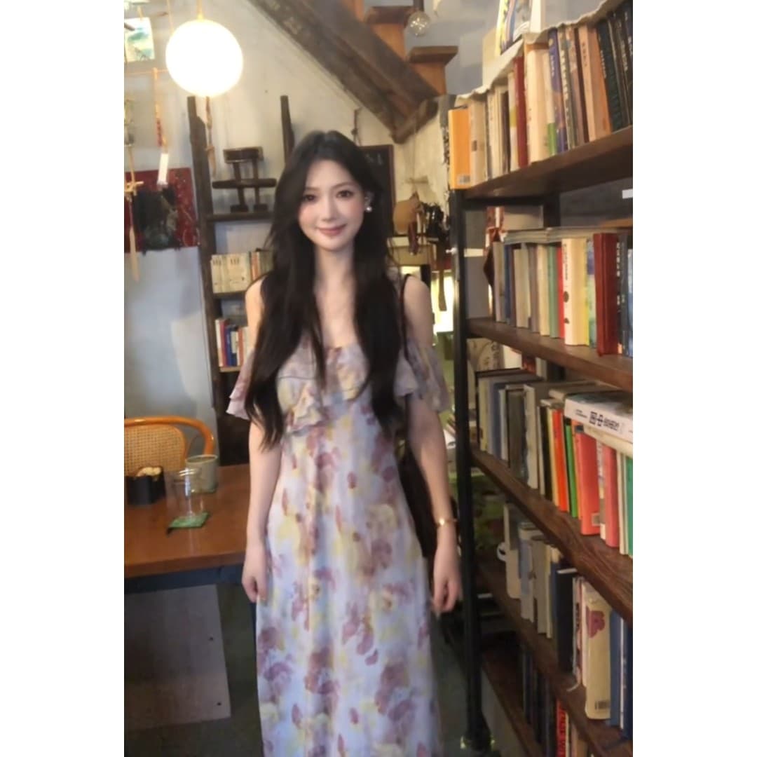 정가 한 부서 휴가 바람 프린트 슬립 여성 드레스 여름 디자인 센스 허리 수축 슬림해 보이는 길다 치마 상세 이미지 2